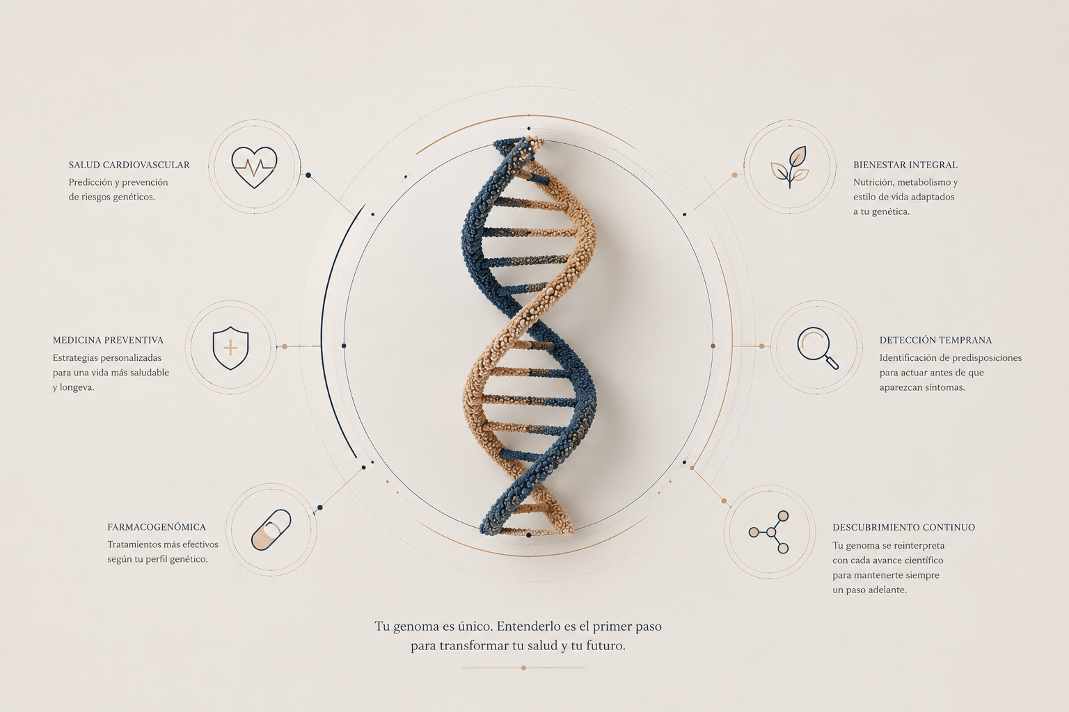 Diagrama de la doble hélice de ADN rodeada por seis dominios clínicos que se activan a partir de la lectura del genoma: salud cardiovascular, medicina preventiva, farmacogenómica, detección temprana, bienestar integral y descubrimiento continuo.