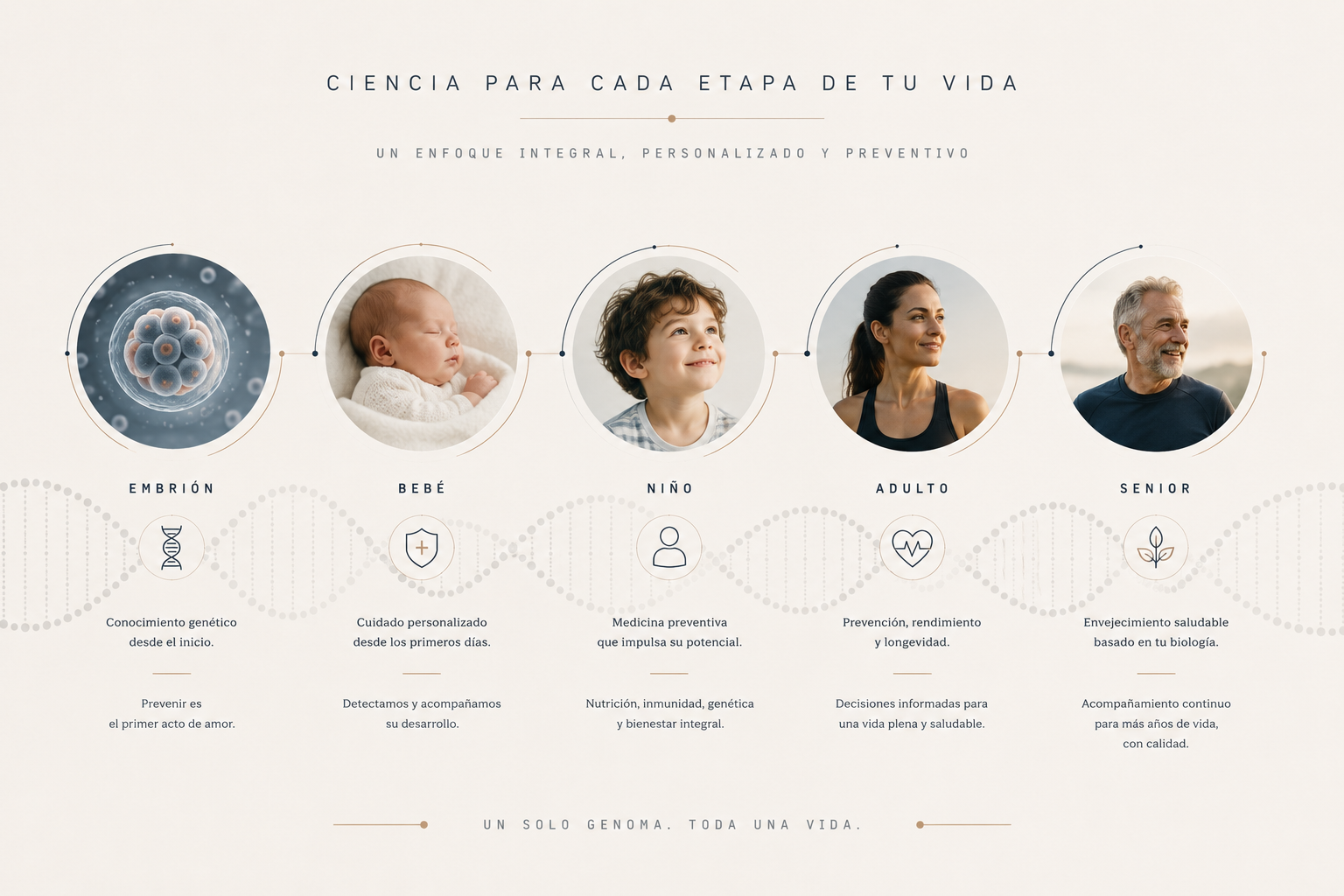 Línea de vida con cinco etapas — embrión, bebé, niño, adulto y senior — recorridas por una sola hélice de ADN. Cada etapa indica la intervención clínica que el banco genómico habilita: conocimiento genético desde el inicio, cuidado personalizado, medicina preventiva, prevención cardiometabólica y envejecimiento saludable.